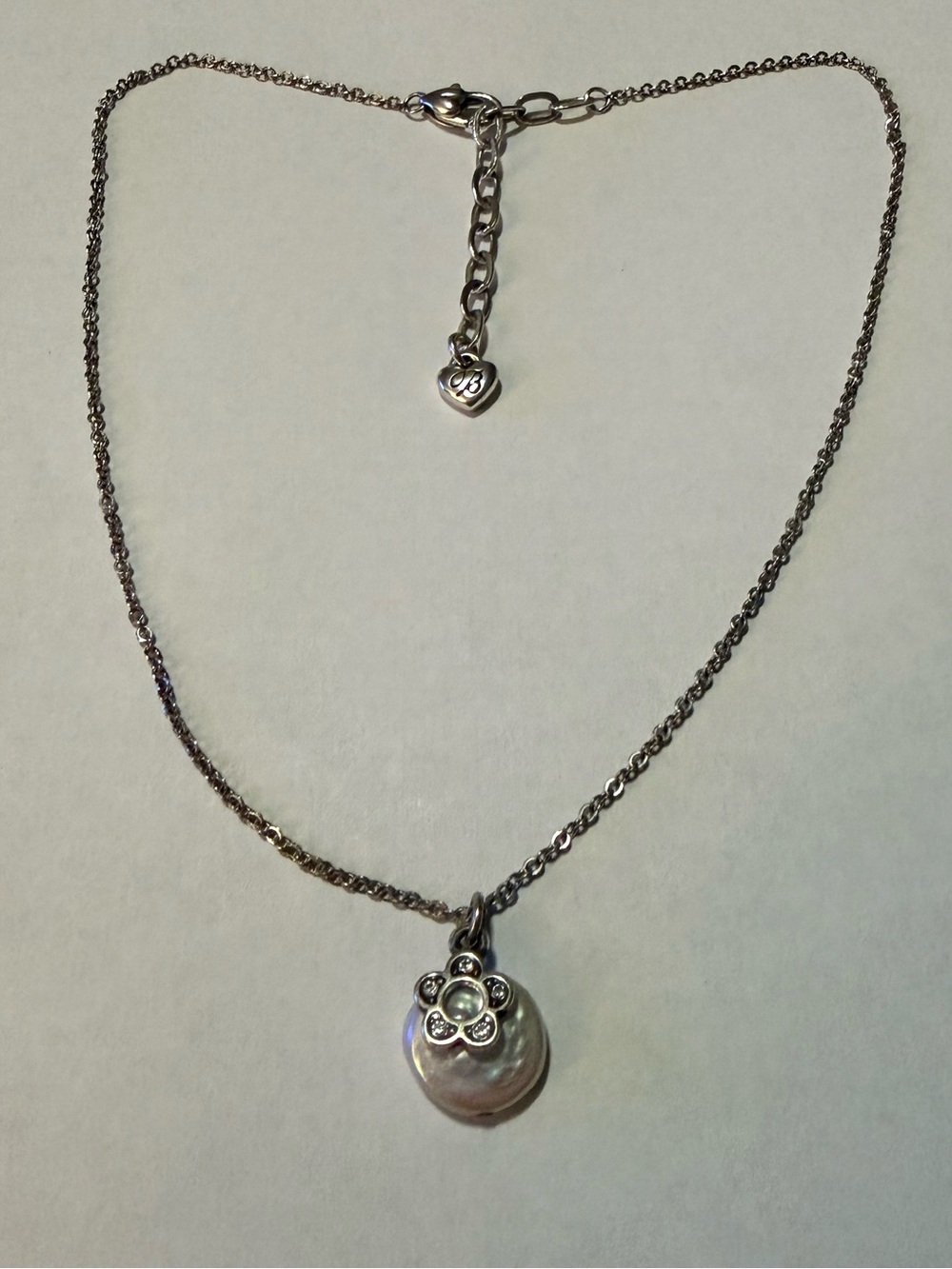 Brighton Silver Tone Chain Necklace White Pearl Flower Charm Crystal, Signed